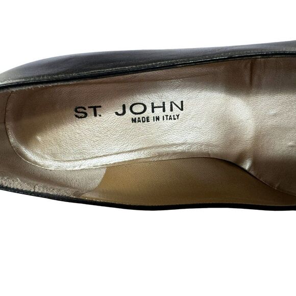 St. John Vtg Black Leather Square Patent Toe Block Heel Pumps 7.5M Made in Italy - Picture 8 of 10